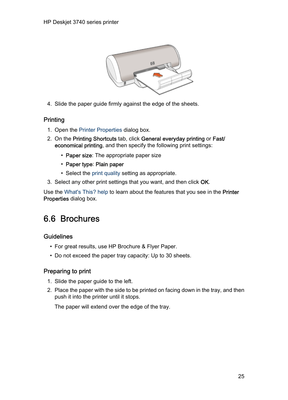 Printing, 6 brochures, Guidelines | Preparing to print, Brochures | HP Deskjet 3745 Color Inkjet Printer User Manual | Page 25 / 73