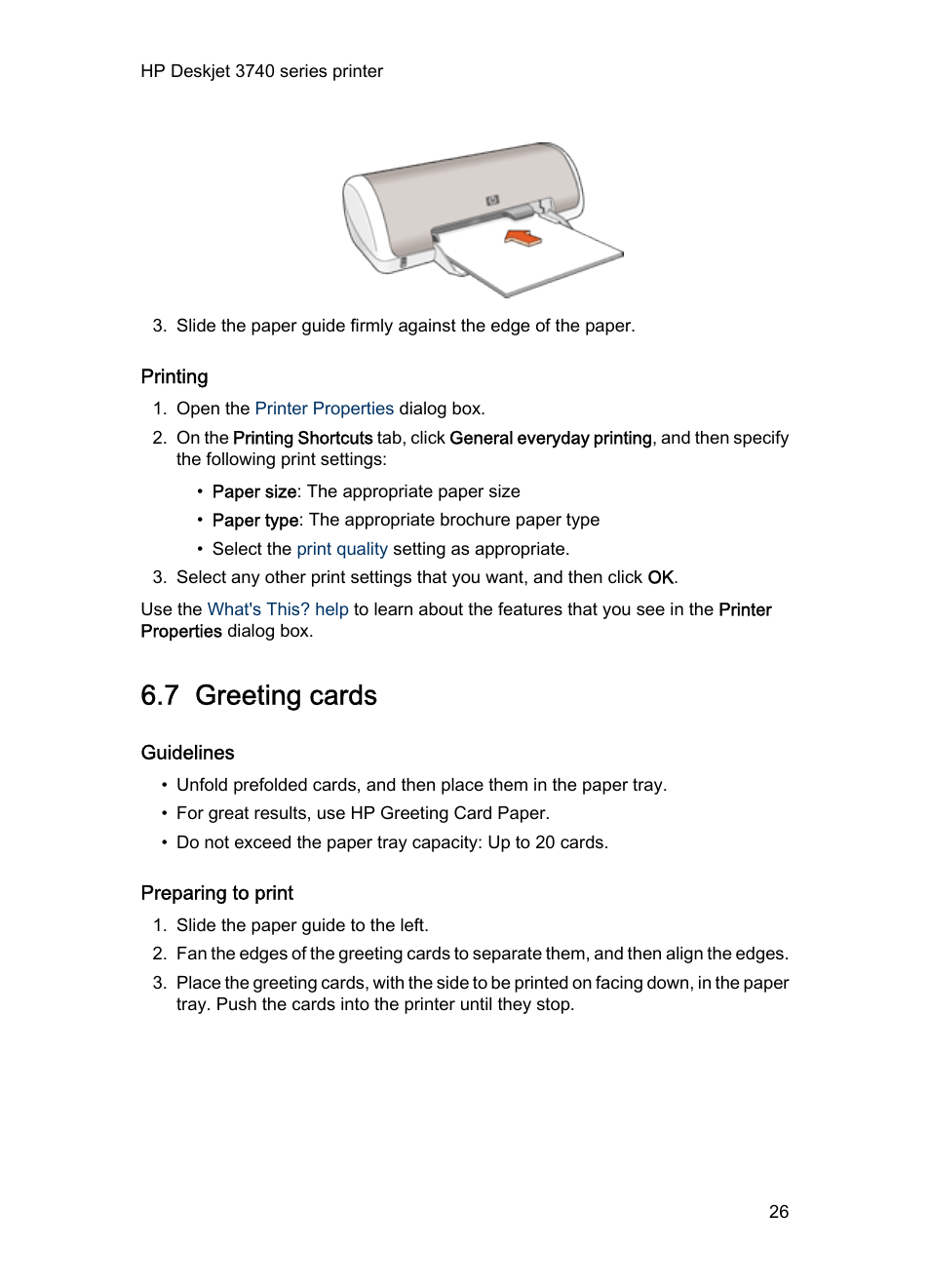 Printing, 7 greeting cards, Guidelines | Preparing to print, Greeting cards | HP Deskjet 3745 Color Inkjet Printer User Manual | Page 26 / 73