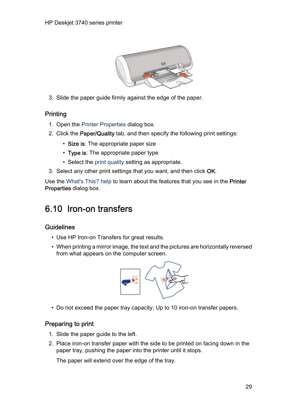 Printing, 10 iron-on transfers, Guidelines | Preparing to print, Iron-on transfers | HP Deskjet 3745 Color Inkjet Printer User Manual | Page 29 / 73