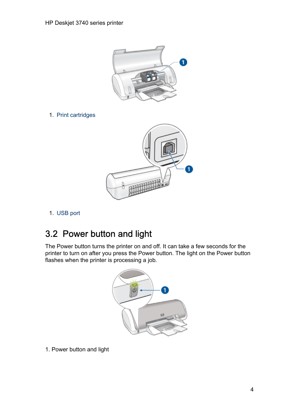 2 power button and light, Power button and light | HP Deskjet 3745 Color Inkjet Printer User Manual | Page 4 / 73