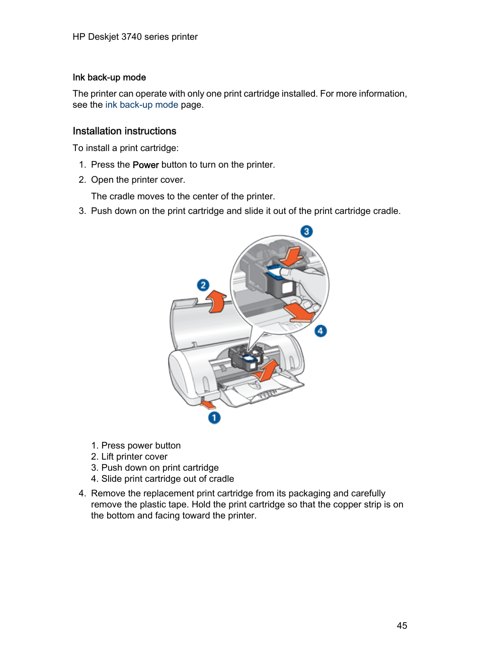 Ink back-up mode, Installation instructions | HP Deskjet 3745 Color Inkjet Printer User Manual | Page 45 / 73