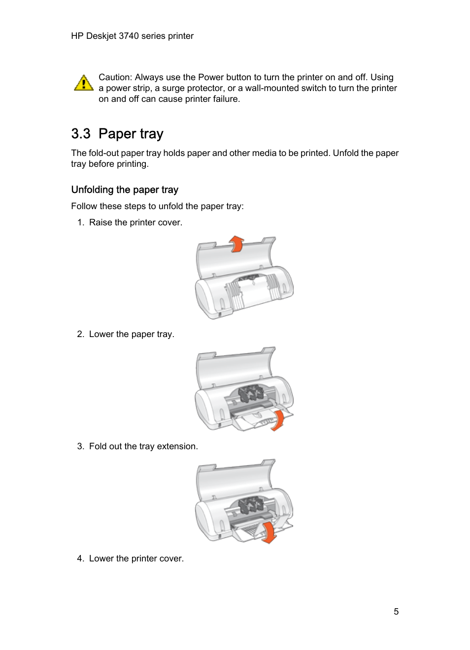 3 paper tray, Unfolding the paper tray, Paper tray | HP Deskjet 3745 Color Inkjet Printer User Manual | Page 5 / 73