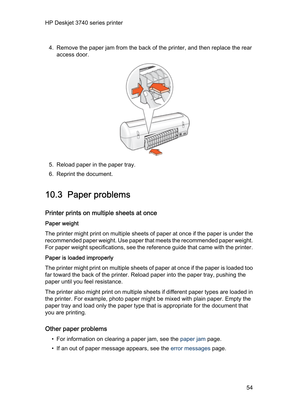 3 paper problems, Printer prints on multiple sheets at once, Paper weight | Paper is loaded improperly, Other paper problems, Paper problems | HP Deskjet 3745 Color Inkjet Printer User Manual | Page 54 / 73