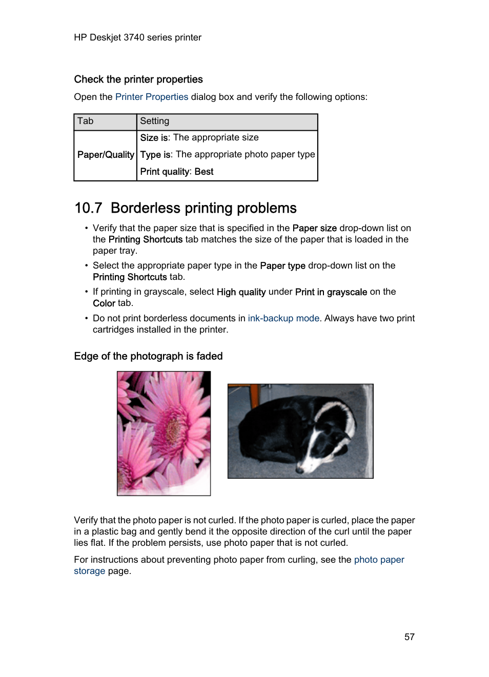 Check the printer properties, 7 borderless printing problems, Edge of the photograph is faded | Borderless printing problems | HP Deskjet 3745 Color Inkjet Printer User Manual | Page 57 / 73