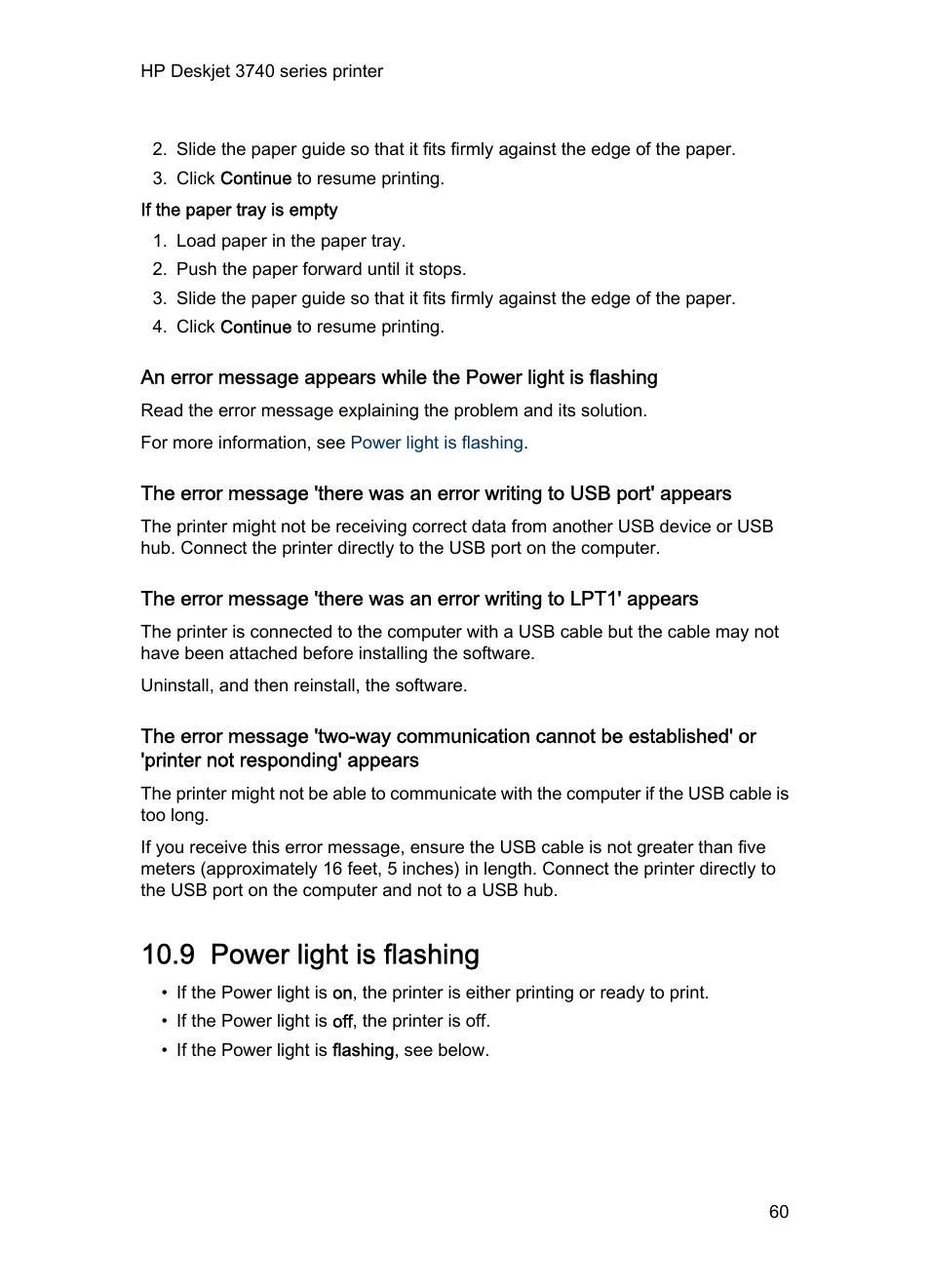 If the paper tray is empty, 9 power light is flashing, Power light is flashing | For more information | HP Deskjet 3745 Color Inkjet Printer User Manual | Page 60 / 73