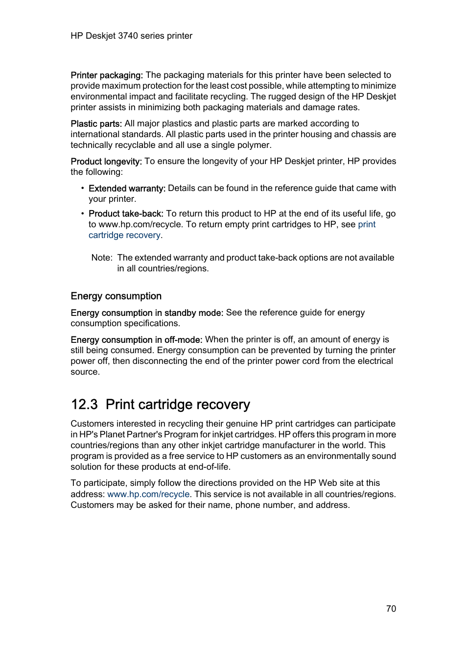 Energy consumption, 3 print cartridge recovery, Print cartridge | Recovery | HP Deskjet 3745 Color Inkjet Printer User Manual | Page 70 / 73