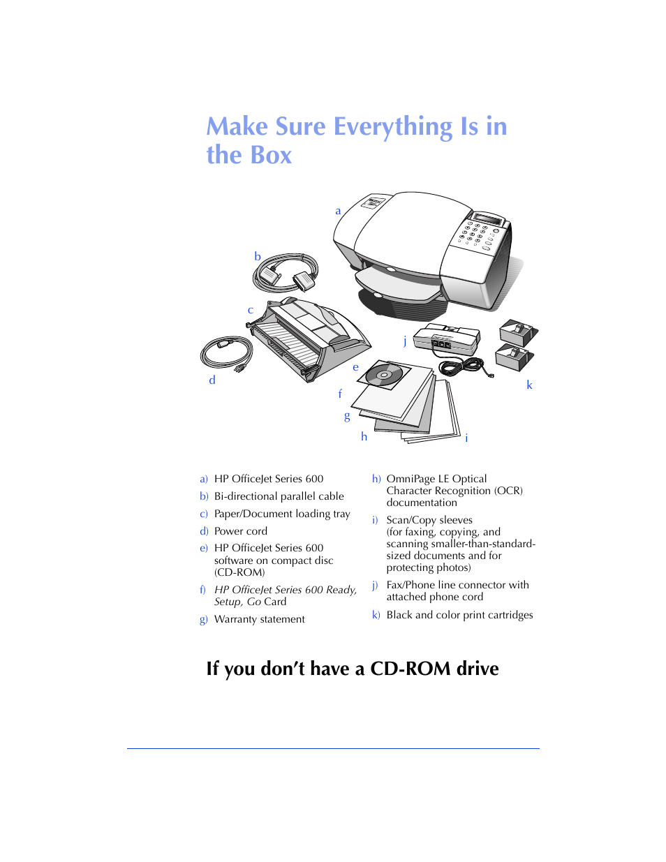 Make sure everything is in the box, If you don’t have a cd-rom drive | HP Officejet 600 All-in-One Printer User Manual | Page 10 / 140