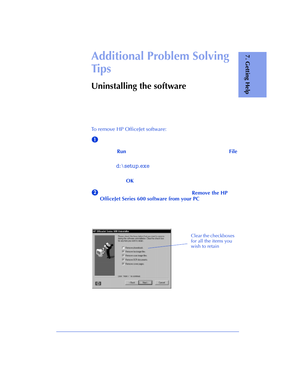 Additional problem solving tips, Uninstalling the software | HP Officejet 600 All-in-One Printer User Manual | Page 119 / 140