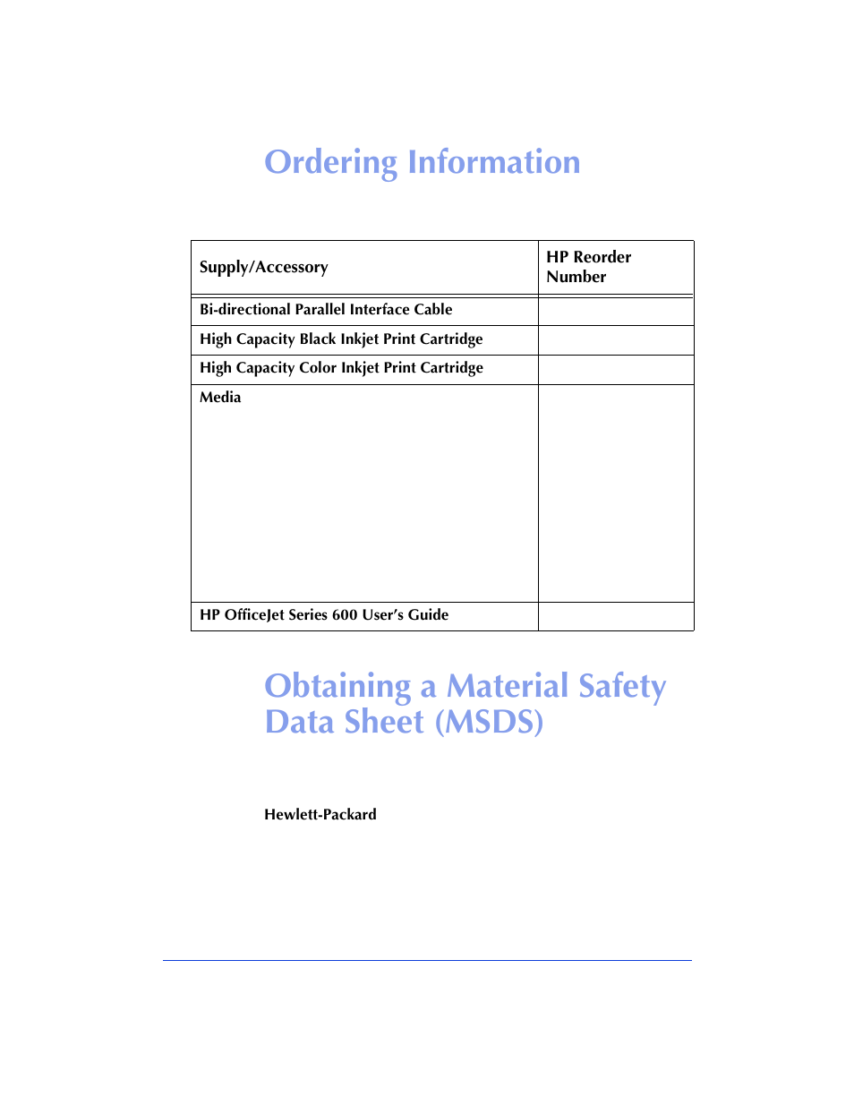 Ordering information, Obtaining a material safety data sheet (msds) | HP Officejet 600 All-in-One Printer User Manual | Page 126 / 140