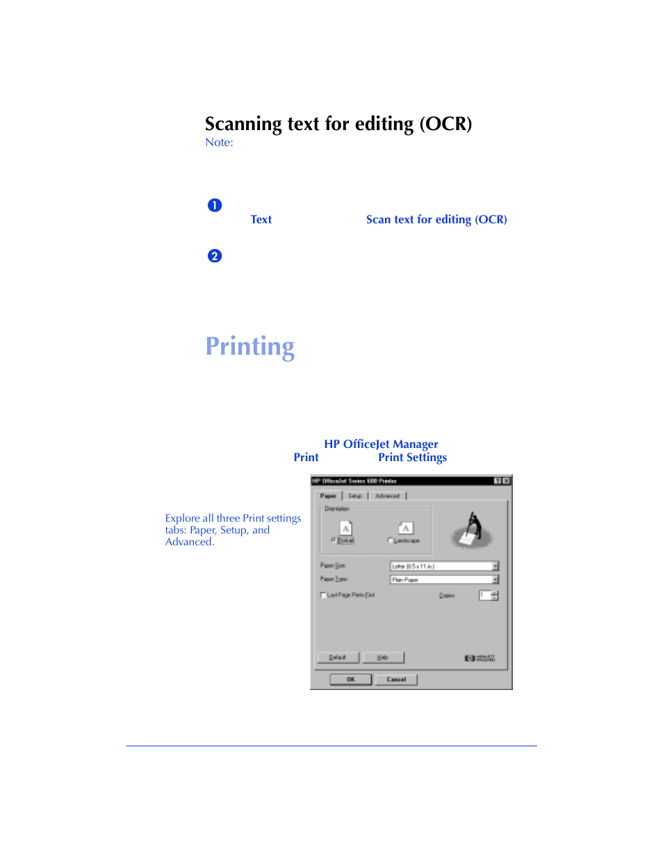 Printing, Scanning text for editing (ocr) | HP Officejet 600 All-in-One Printer User Manual | Page 44 / 140