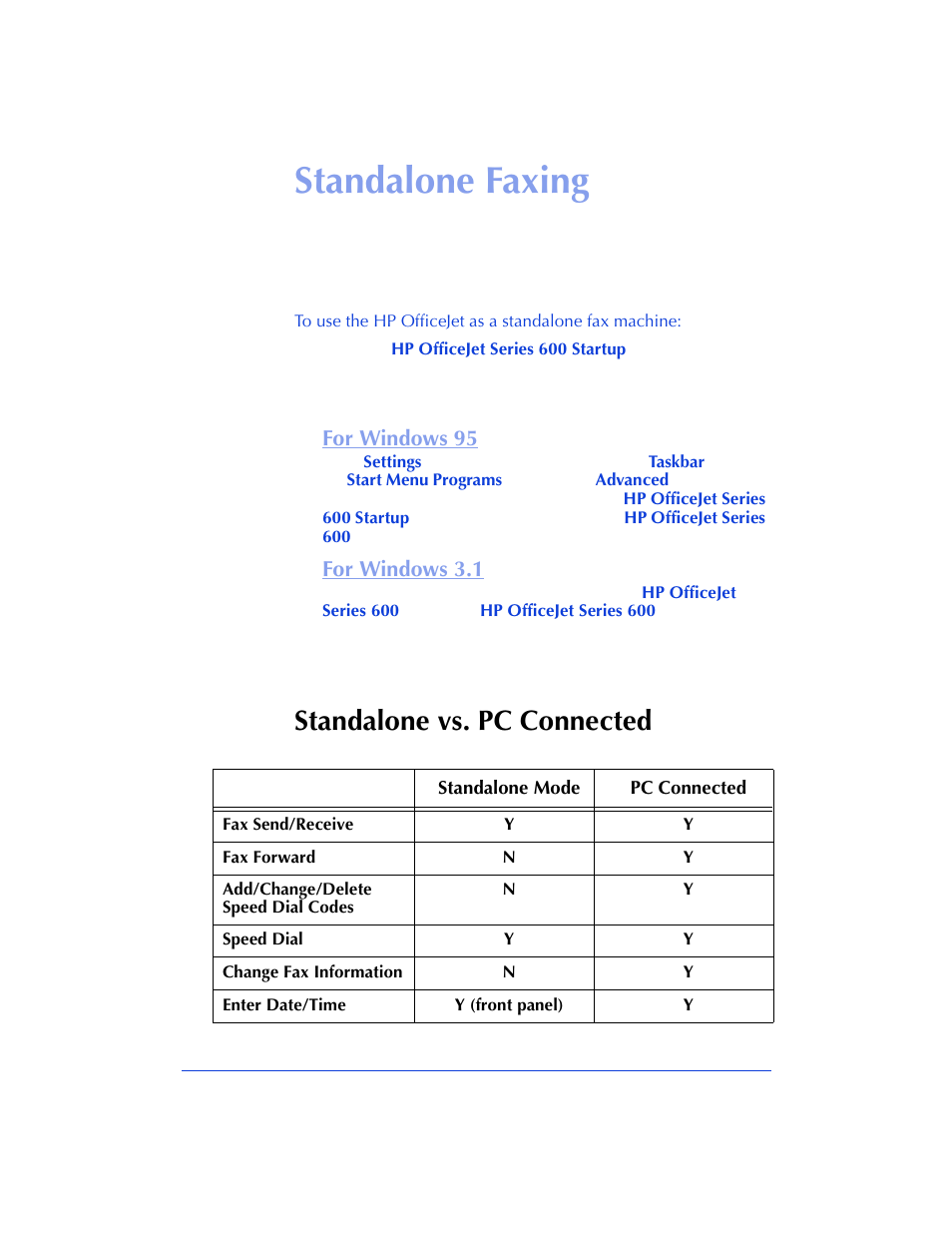Standalone faxing, Standalone vs. pc connected, For windows 95 | For windows 3.1 | HP Officejet 600 All-in-One Printer User Manual | Page 72 / 140