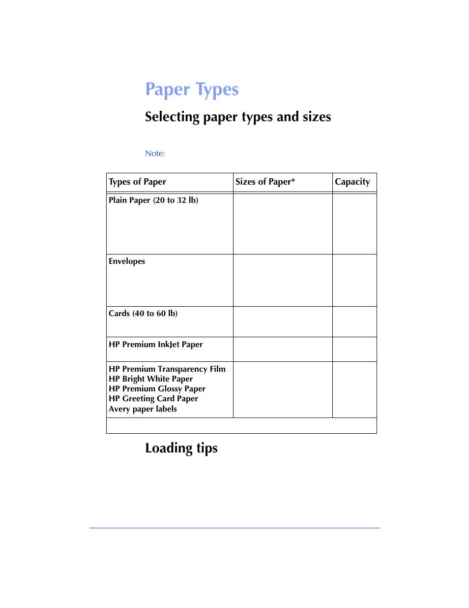 Paper types, Selecting paper types and sizes, Loading tips | HP Officejet 600 All-in-One Printer User Manual | Page 92 / 140