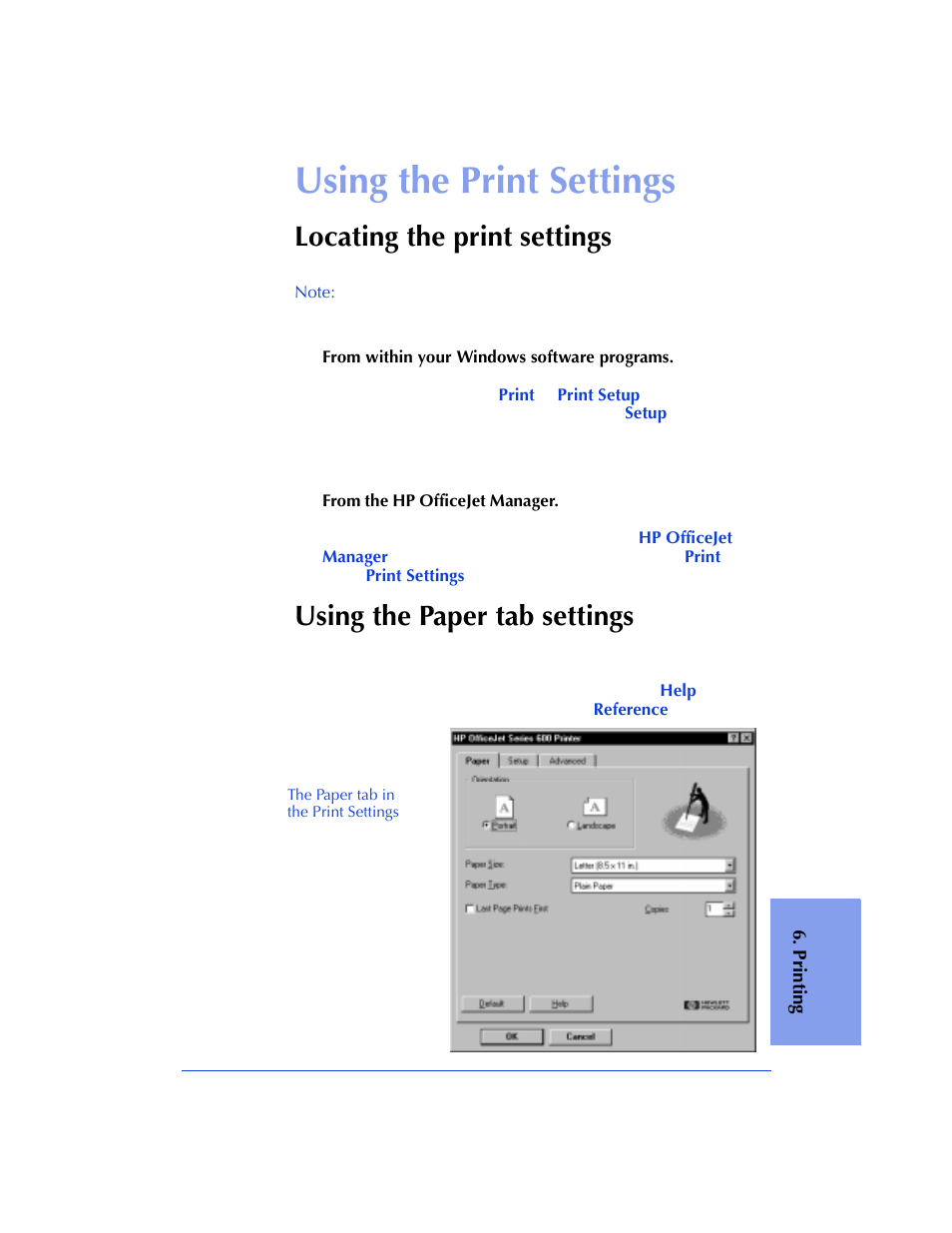 Using the print settings, Locating the print settings, Using the paper tab settings | HP Officejet 600 All-in-One Printer User Manual | Page 95 / 140