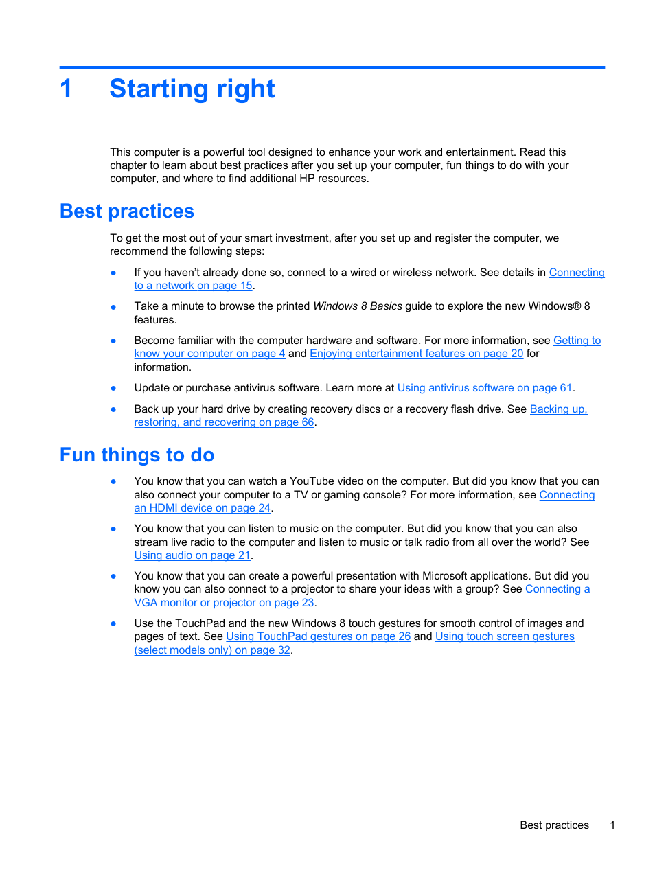 Starting right, Best practices, Fun things to do | 1 starting right, Best practices fun things to do, 1starting right | HP Pavilion TouchSmart 11z-e000 CTO Notebook PC User Manual | Page 11 / 87