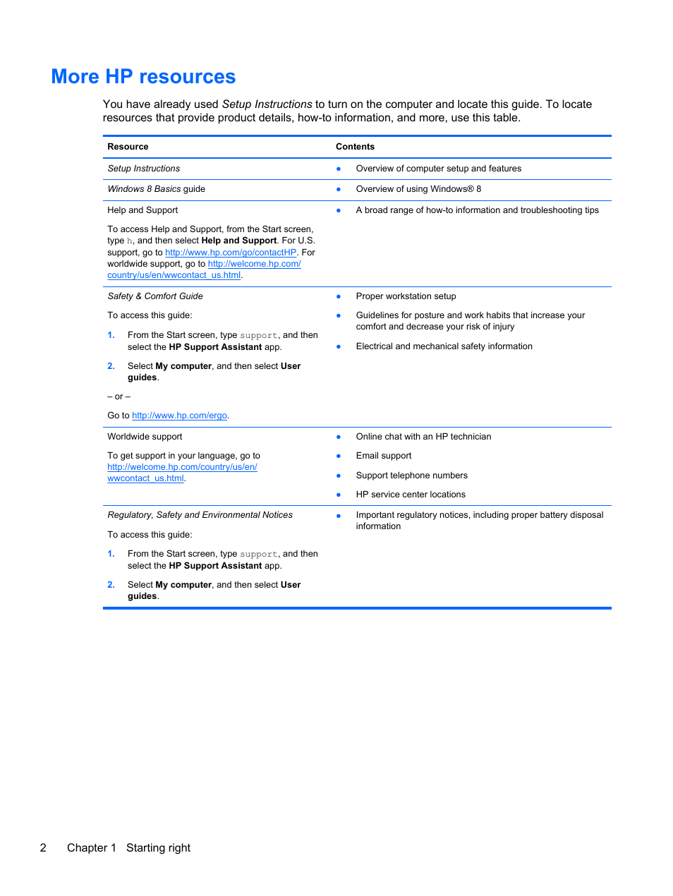 More hp resources, 2chapter 1 starting right | HP Pavilion TouchSmart 11z-e000 CTO Notebook PC User Manual | Page 12 / 87