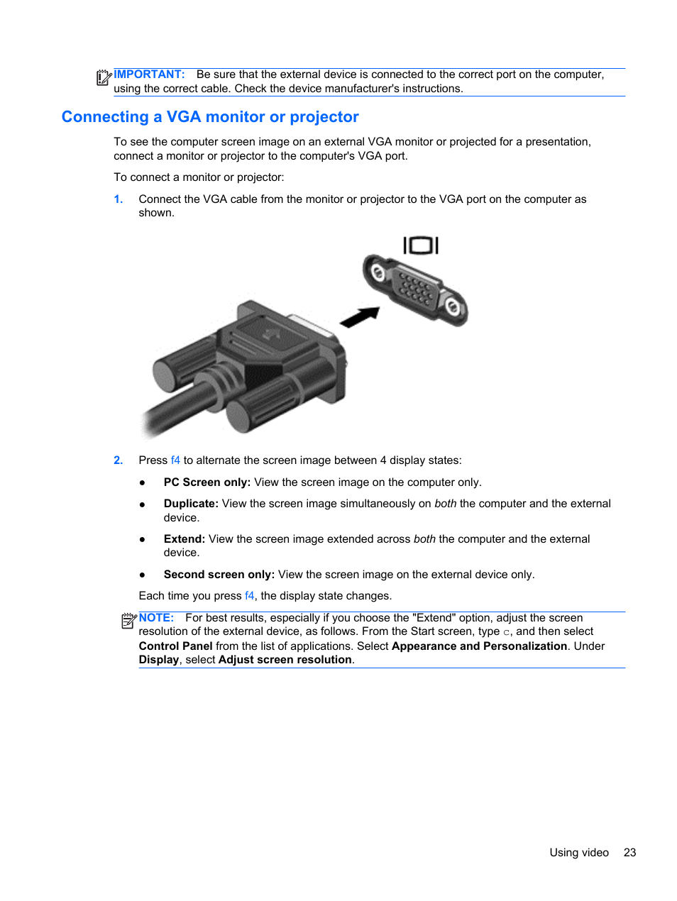 Connecting a vga monitor or projector, Connecting a | HP Pavilion TouchSmart 11z-e000 CTO Notebook PC User Manual | Page 33 / 87