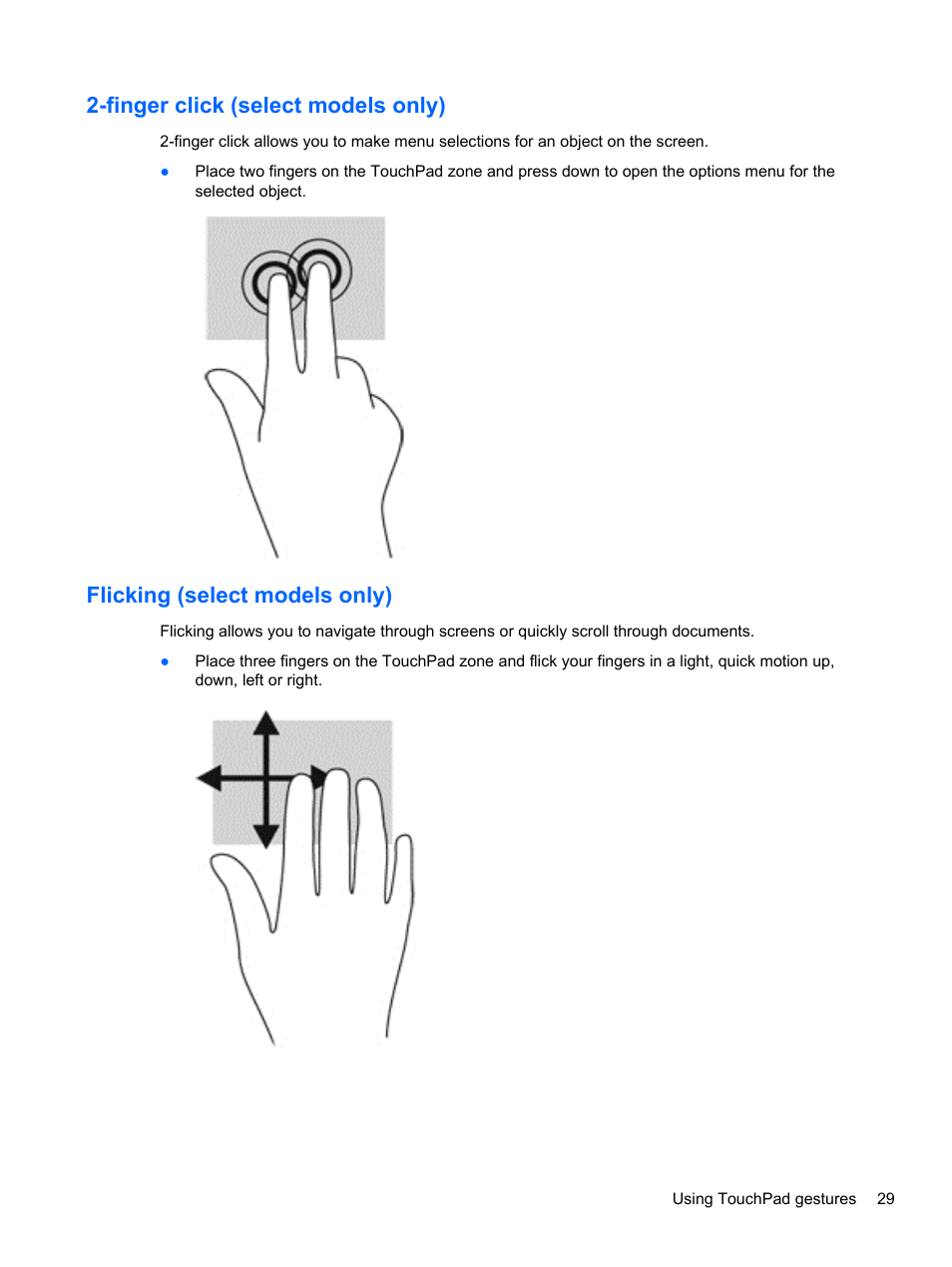 Finger click (select models only), Flicking (select models only) | HP Pavilion TouchSmart 11z-e000 CTO Notebook PC User Manual | Page 39 / 87