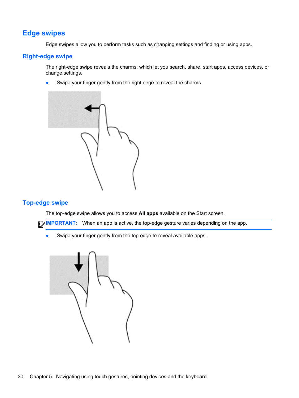 Edge swipes, Right-edge swipe, Top-edge swipe | Right-edge swipe top-edge swipe | HP Pavilion TouchSmart 11z-e000 CTO Notebook PC User Manual | Page 40 / 87