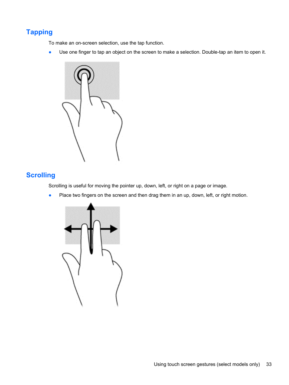 Tapping, Scrolling, Tapping scrolling | HP Pavilion TouchSmart 11z-e000 CTO Notebook PC User Manual | Page 43 / 87