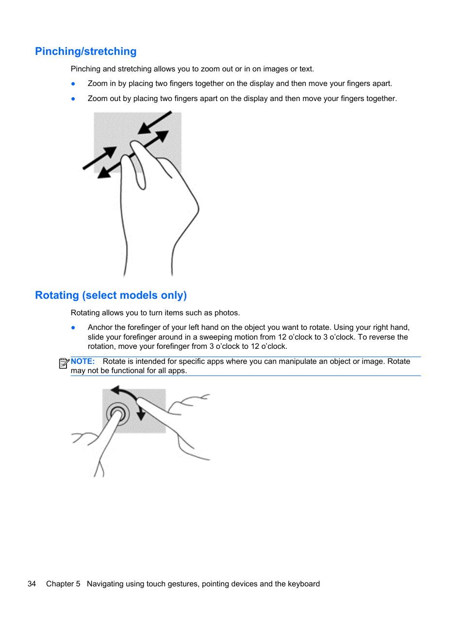 Pinching/stretching, Rotating (select models only), Pinching/stretching rotating (select models only) | HP Pavilion TouchSmart 11z-e000 CTO Notebook PC User Manual | Page 44 / 87