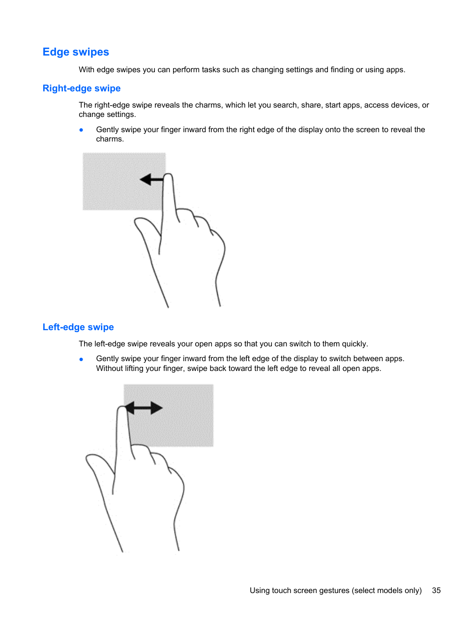 Edge swipes, Right-edge swipe, Left-edge swipe | Right-edge swipe left-edge swipe | HP Pavilion TouchSmart 11z-e000 CTO Notebook PC User Manual | Page 45 / 87