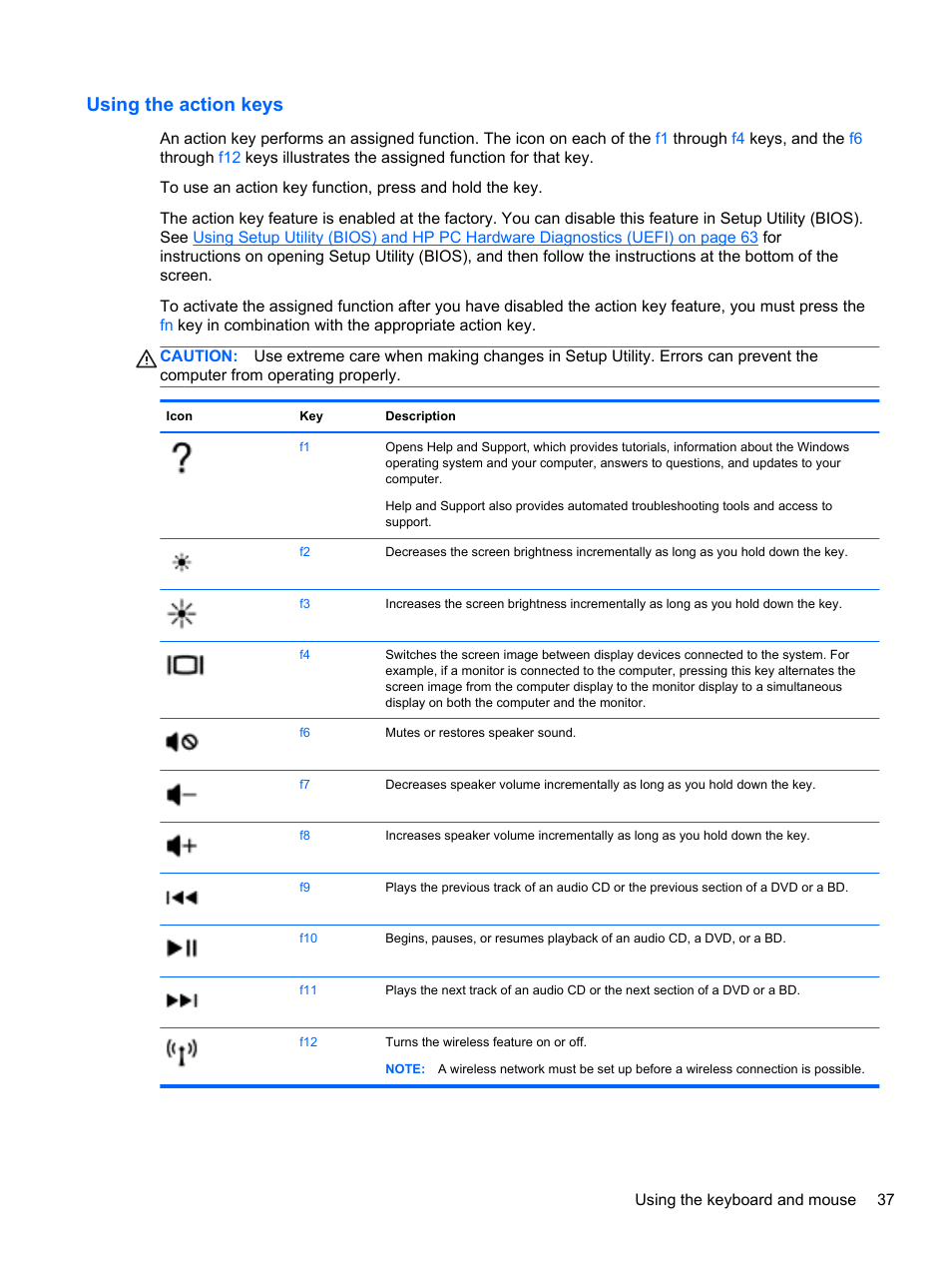 Using the action keys | HP Pavilion TouchSmart 11z-e000 CTO Notebook PC User Manual | Page 47 / 87