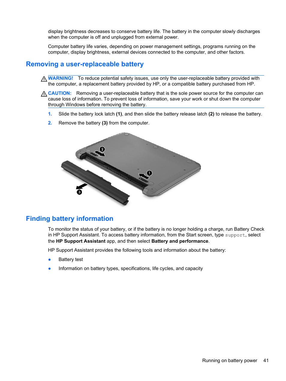 Removing a user-replaceable battery, Finding battery information | HP Pavilion TouchSmart 11z-e000 CTO Notebook PC User Manual | Page 51 / 87