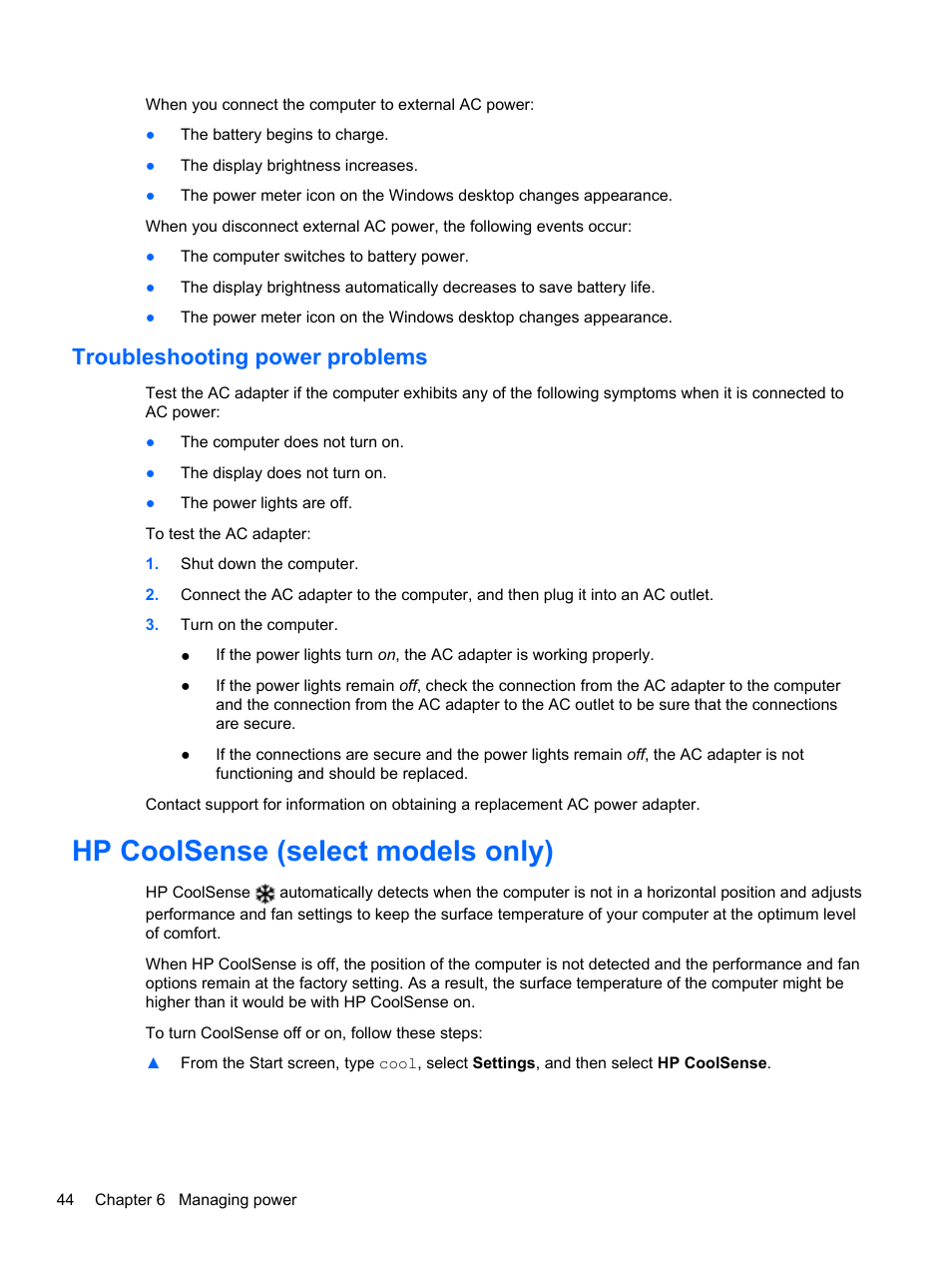 Troubleshooting power problems, Hp coolsense (select models only) | HP Pavilion TouchSmart 11z-e000 CTO Notebook PC User Manual | Page 54 / 87