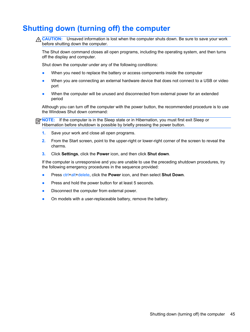 Shutting down (turning off) the computer | HP Pavilion TouchSmart 11z-e000 CTO Notebook PC User Manual | Page 55 / 87