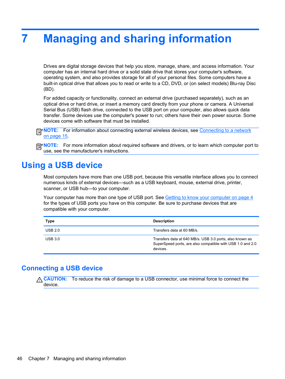 Managing and sharing information, Using a usb device, Connecting a usb device | 7 managing and sharing information, 7managing and sharing information | HP Pavilion TouchSmart 11z-e000 CTO Notebook PC User Manual | Page 56 / 87