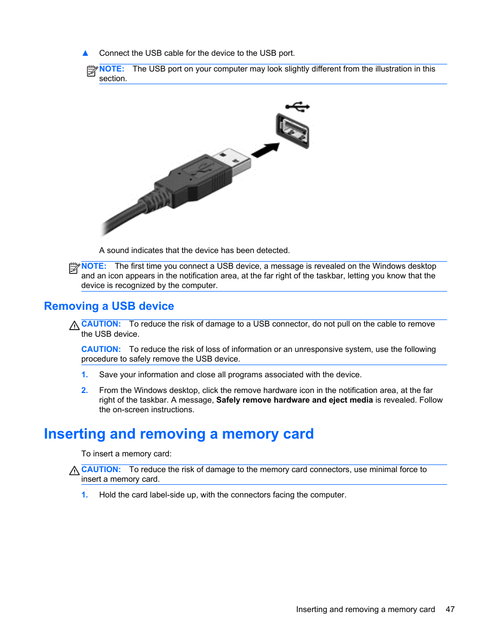 Removing a usb device, Inserting and removing a memory card | HP Pavilion TouchSmart 11z-e000 CTO Notebook PC User Manual | Page 57 / 87