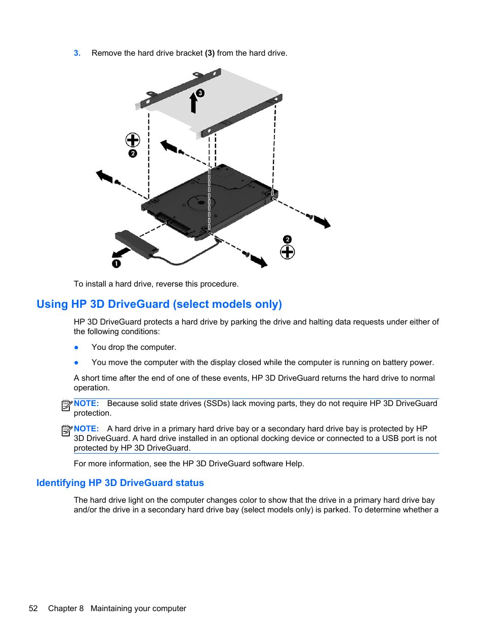 Using hp 3d driveguard (select models only), Identifying hp 3d driveguard status | HP Pavilion TouchSmart 11z-e000 CTO Notebook PC User Manual | Page 62 / 87
