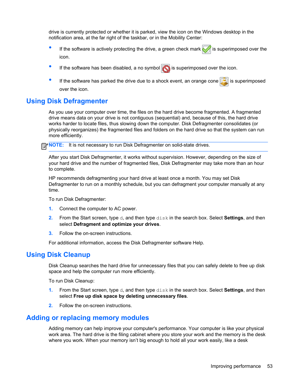 Using disk defragmenter, Using disk cleanup, Adding or replacing memory modules | HP Pavilion TouchSmart 11z-e000 CTO Notebook PC User Manual | Page 63 / 87