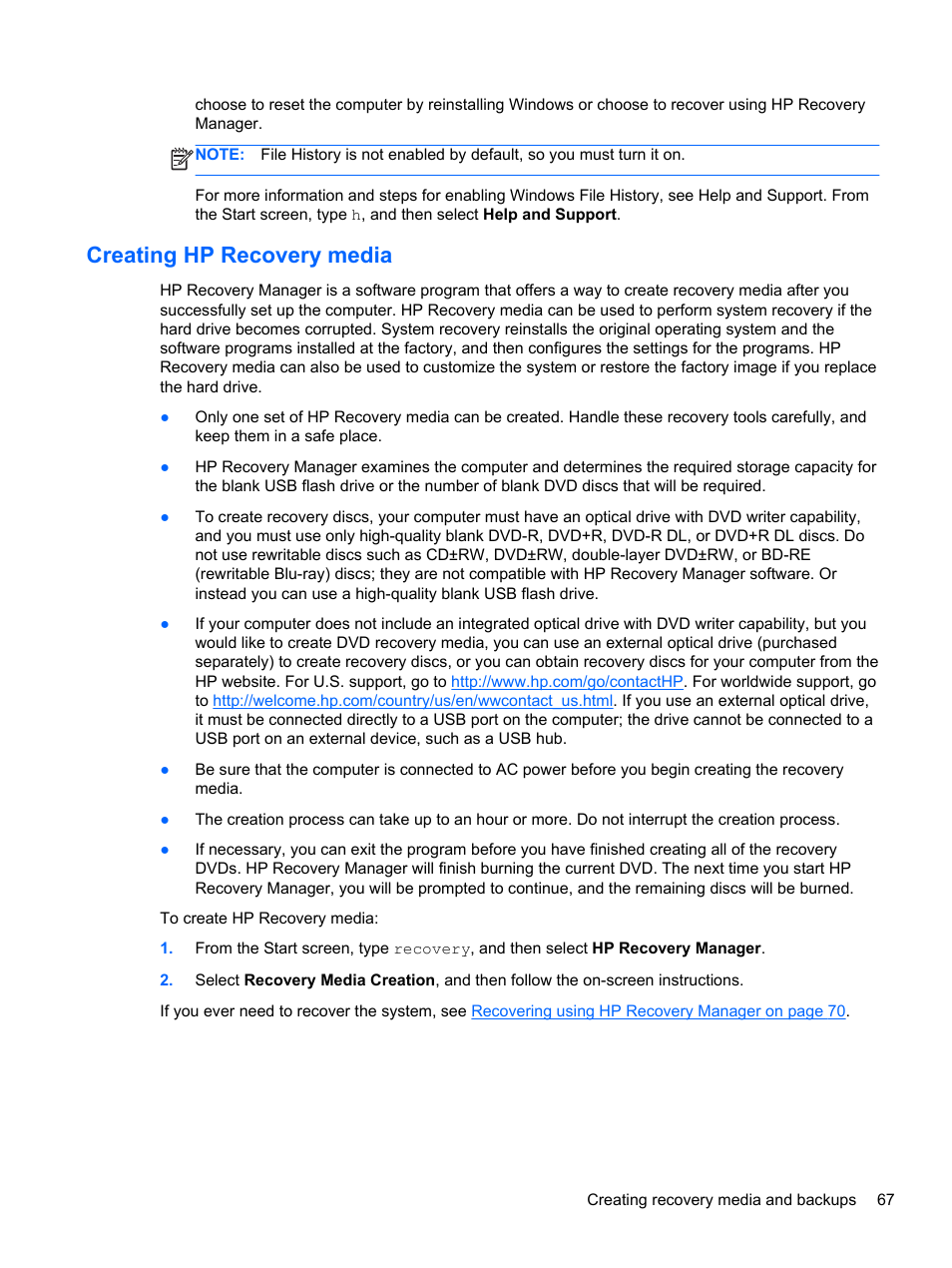 Creating hp recovery media | HP Pavilion TouchSmart 11z-e000 CTO Notebook PC User Manual | Page 77 / 87