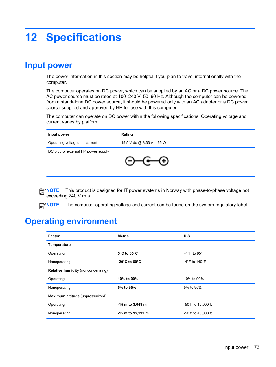 Specifications, Input power, Operating environment | 12 specifications, Input power operating environment | HP Pavilion TouchSmart 11z-e000 CTO Notebook PC User Manual | Page 83 / 87