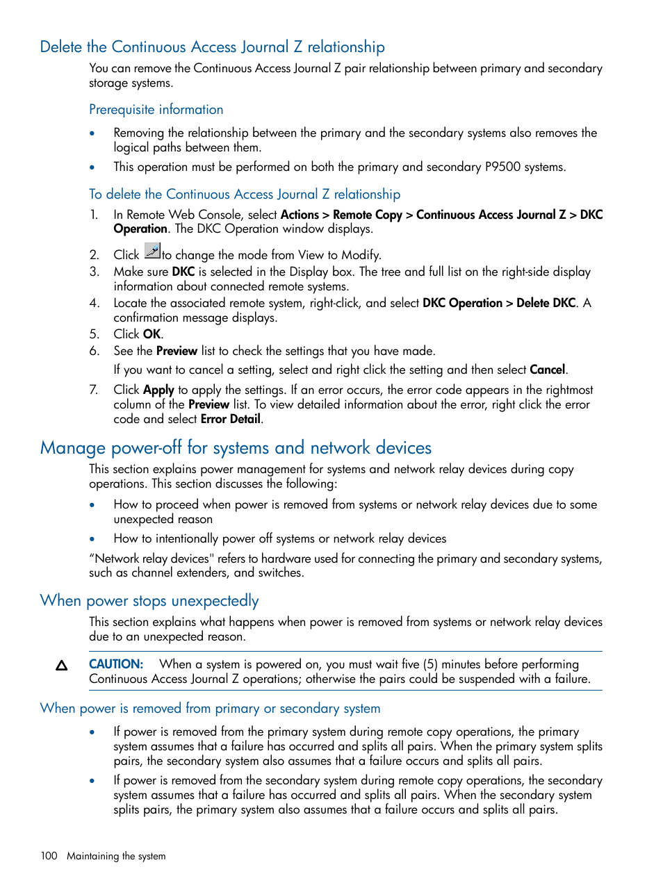 Manage power-off for systems and network devices, When power stops unexpectedly | HP XP P9500 Storage User Manual | Page 100 / 193
