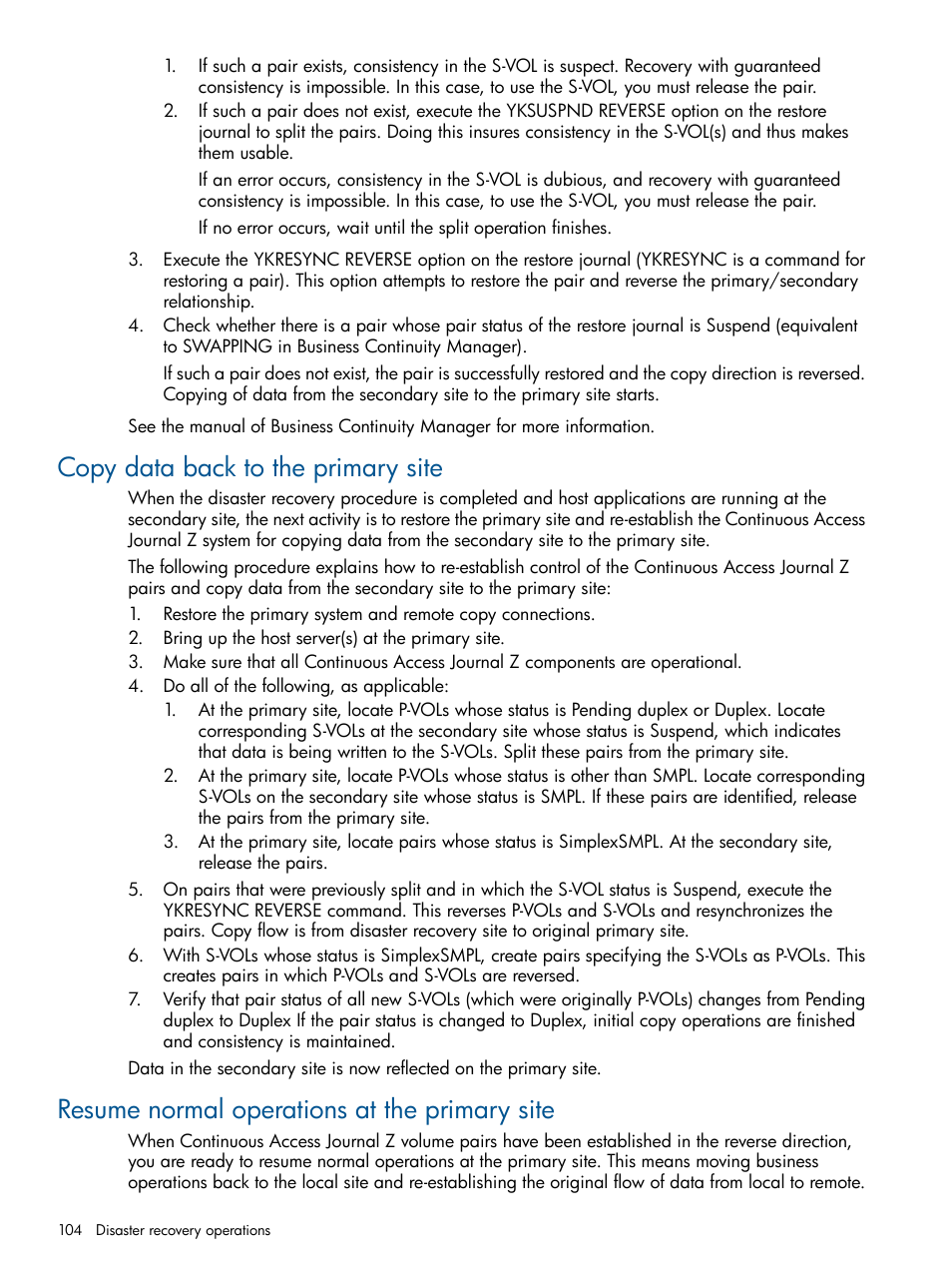 Copy data back to the primary site, Resume normal operations at the primary site | HP XP P9500 Storage User Manual | Page 104 / 193