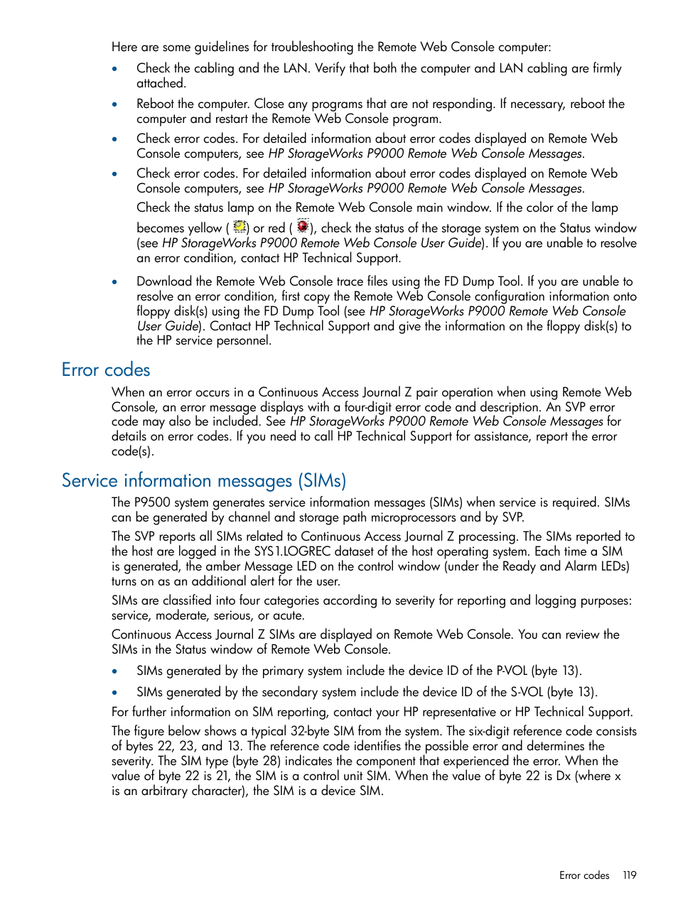 Error codes, Service information messages (sims), Error codes service information messages (sims) | HP XP P9500 Storage User Manual | Page 119 / 193