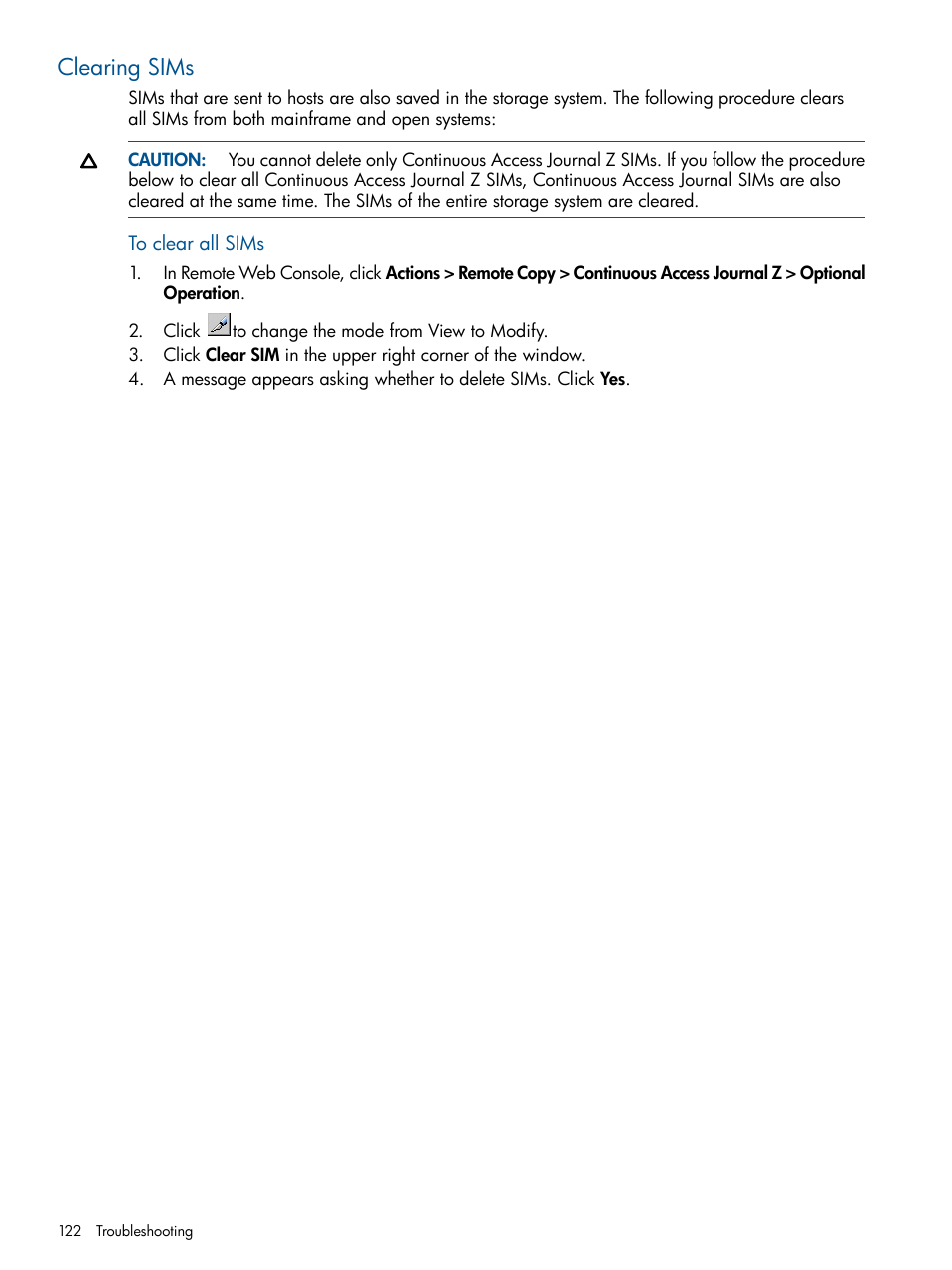 Clearing sims | HP XP P9500 Storage User Manual | Page 122 / 193