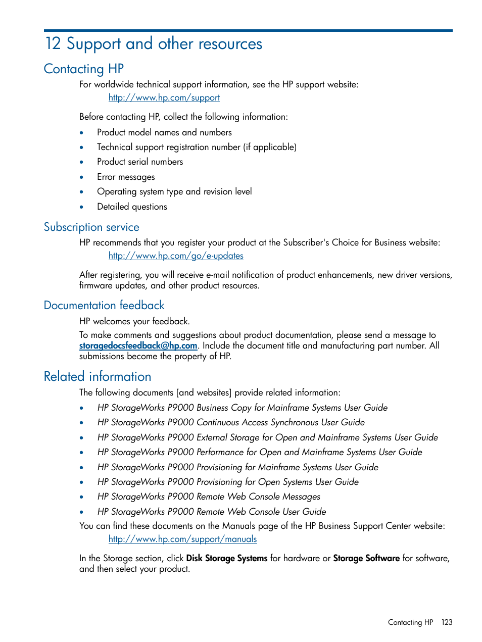 12 support and other resources, Contacting hp, Subscription service | Documentation feedback, Related information, Subscription service documentation feedback | HP XP P9500 Storage User Manual | Page 123 / 193