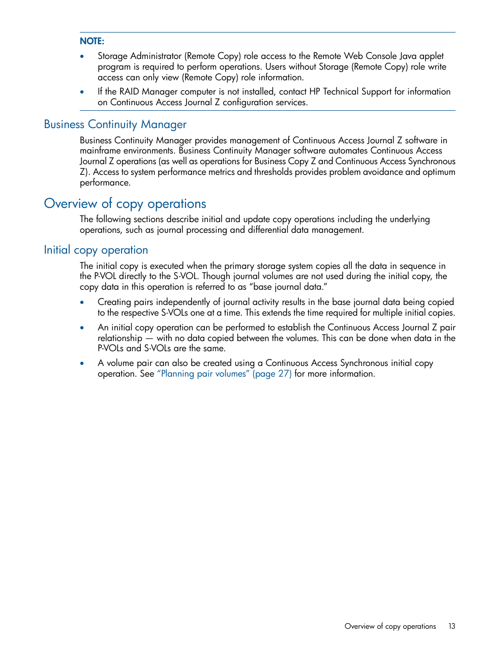 Business continuity manager, Overview of copy operations, Initial copy operation | HP XP P9500 Storage User Manual | Page 13 / 193