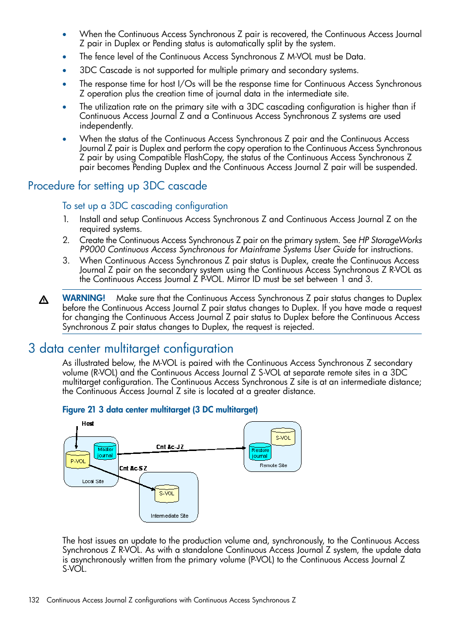 Procedure for setting up 3dc cascade, 3 data center multitarget configuration, 3 data center multitarget | HP XP P9500 Storage User Manual | Page 132 / 193