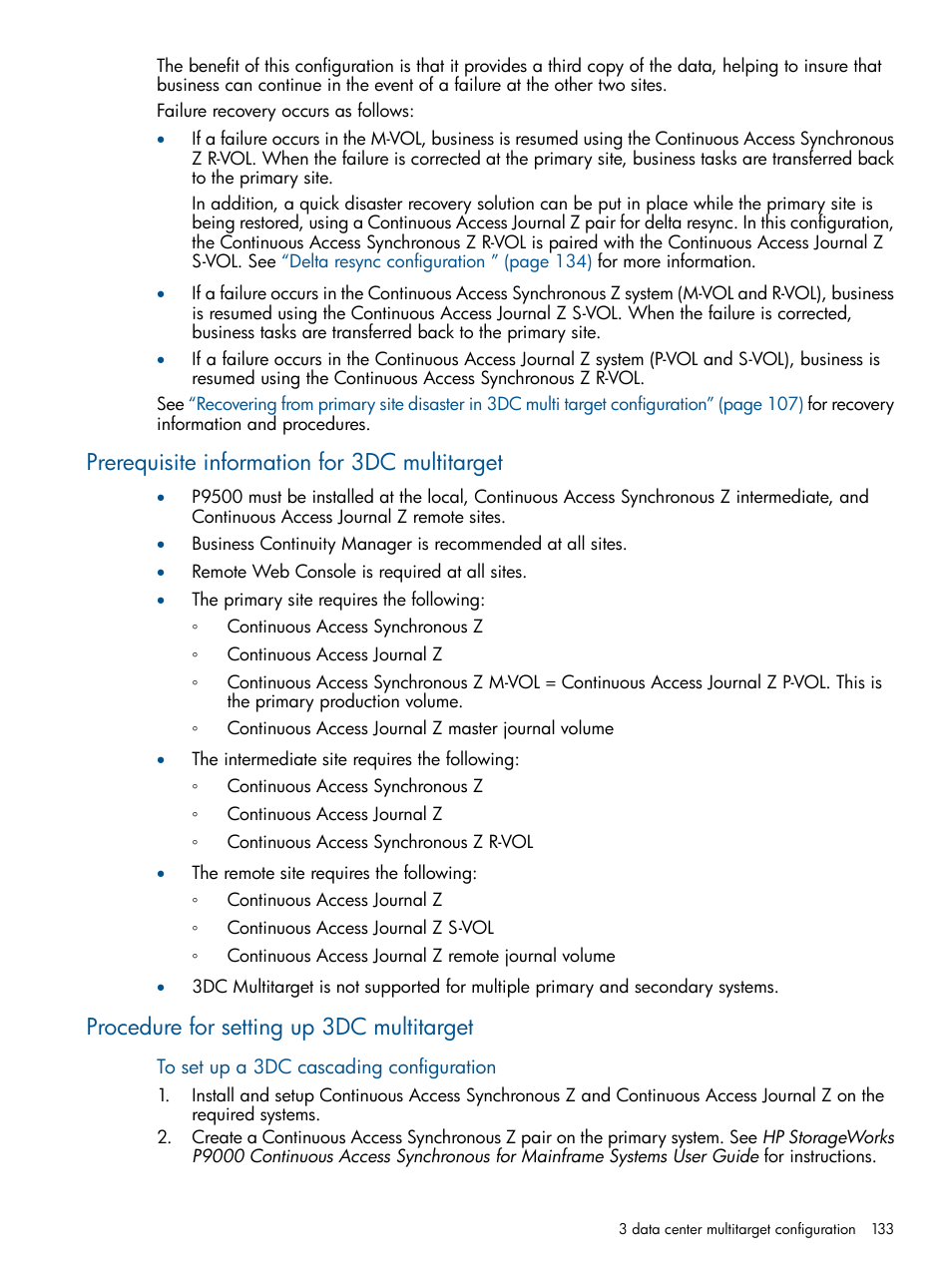 Prerequisite information for 3dc multitarget, Procedure for setting up 3dc multitarget | HP XP P9500 Storage User Manual | Page 133 / 193