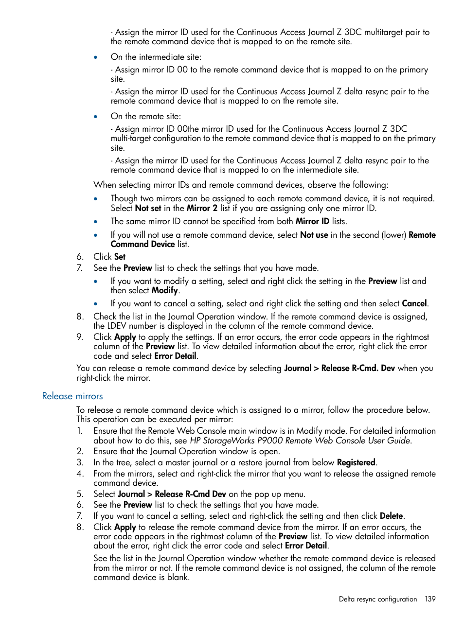 Release mirrors | HP XP P9500 Storage User Manual | Page 139 / 193