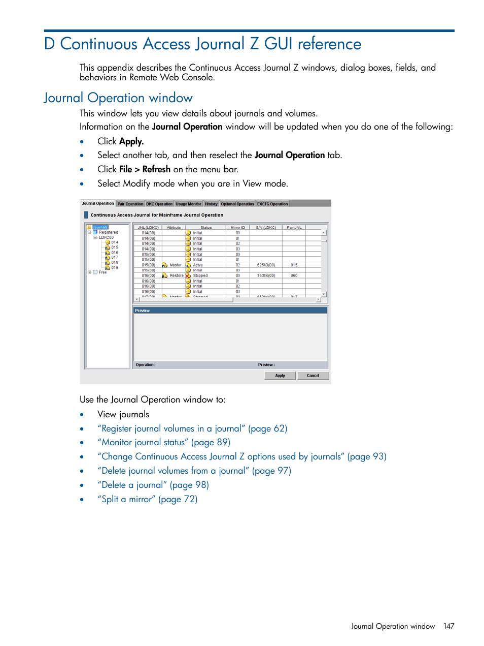 D continuous access journal z gui reference, Journal operation window | HP XP P9500 Storage User Manual | Page 147 / 193