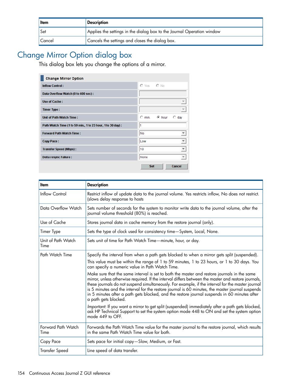 Change mirror option dialog box | HP XP P9500 Storage User Manual | Page 154 / 193