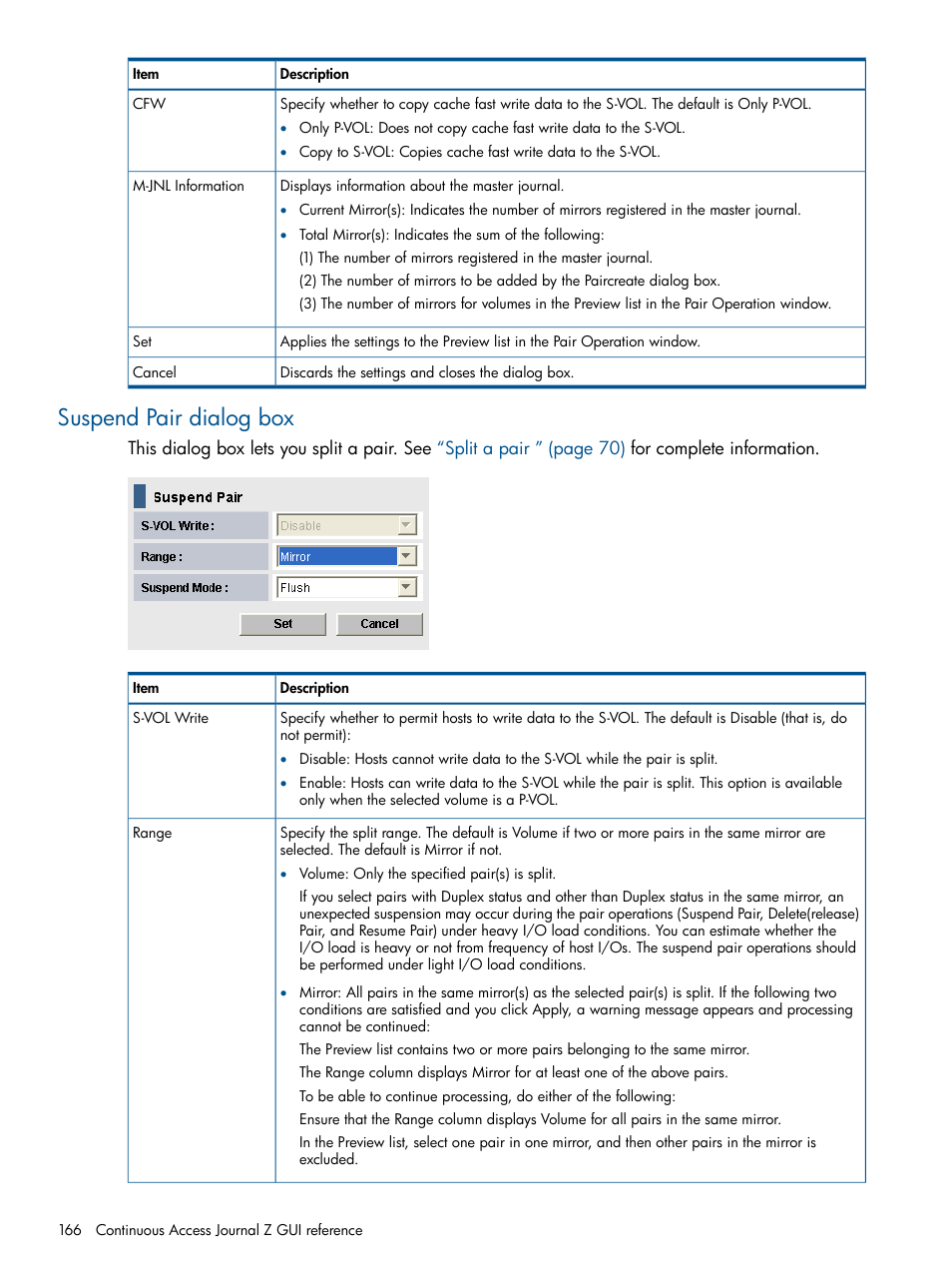 Suspend pair dialog box | HP XP P9500 Storage User Manual | Page 166 / 193