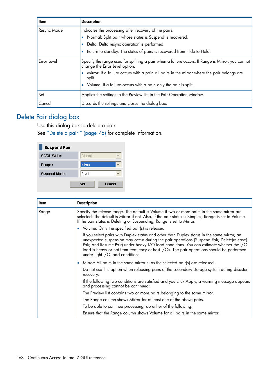 Delete pair dialog box | HP XP P9500 Storage User Manual | Page 168 / 193