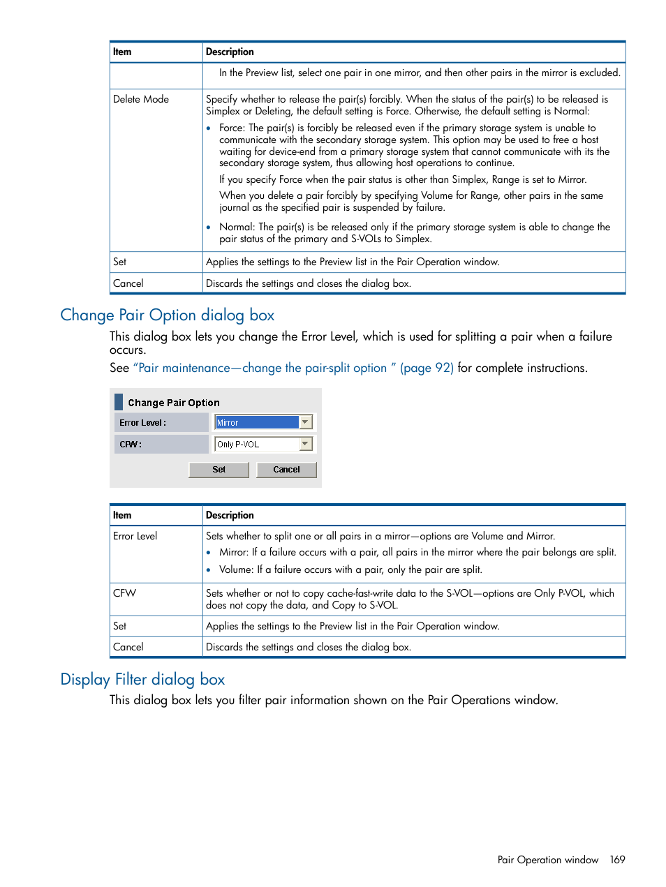 Change pair option dialog box, Display filter dialog box | HP XP P9500 Storage User Manual | Page 169 / 193