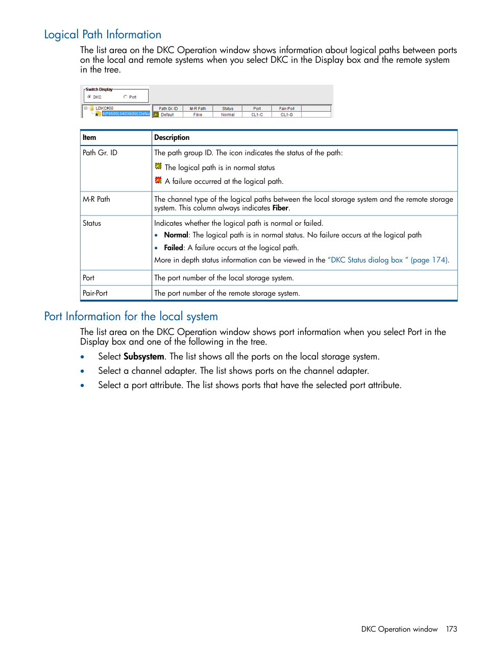 Logical path information, Port information for the local system | HP XP P9500 Storage User Manual | Page 173 / 193